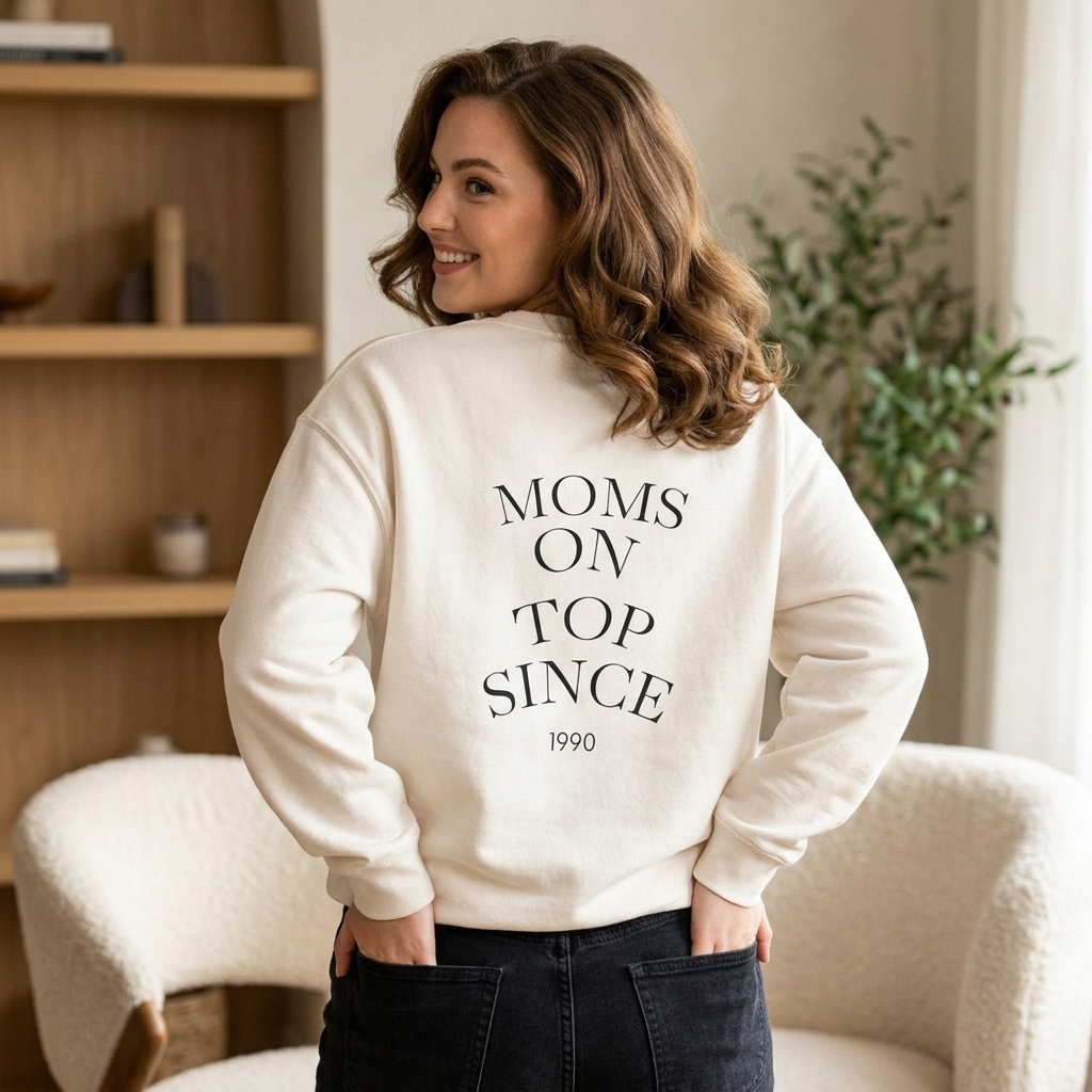Motherhood Crewneck Sweatshirt — "Moms On Top Since 1990" Cozy Pullover